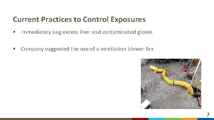 Current Practices to Control Exposures § Immediately bag excess liner and contaminated gloves §