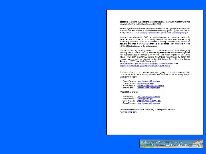 National Ocean and Coastal Mapping Inventory Interagency Working