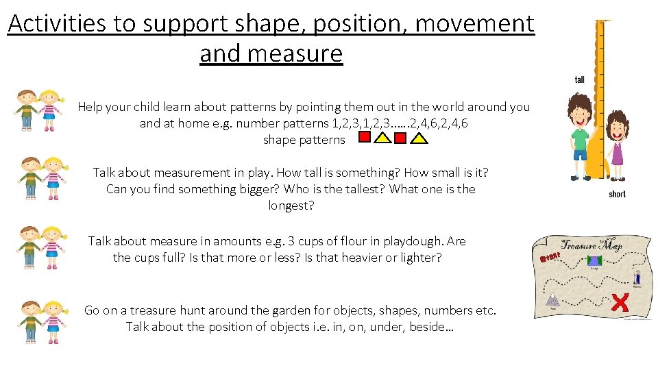 Activities to support shape, position, movement and measure Help your child learn about patterns