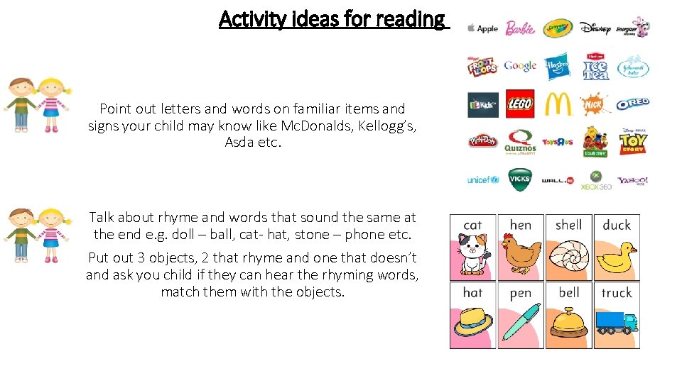 Activity ideas for reading Point out letters and words on familiar items and signs
