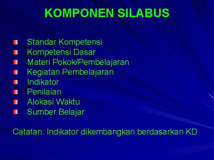 KOMPONEN SILABUS Standar Kompetensi Dasar Materi Pokok/Pembelajaran Kegiatan Pembelajaran Indikator Penilaian Alokasi Waktu Sumber