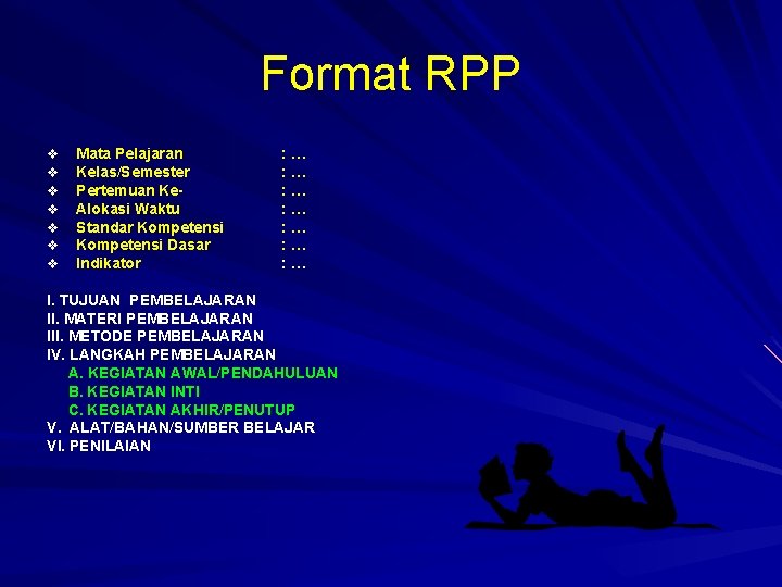 Format RPP v v v v Mata Pelajaran Kelas/Semester Pertemuan Ke. Alokasi Waktu Standar