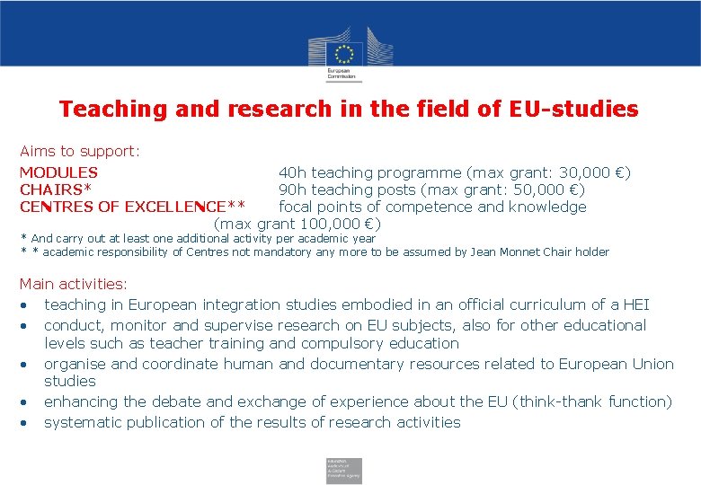 Teaching and research in the field of EU-studies Aims to support: MODULES 40 h