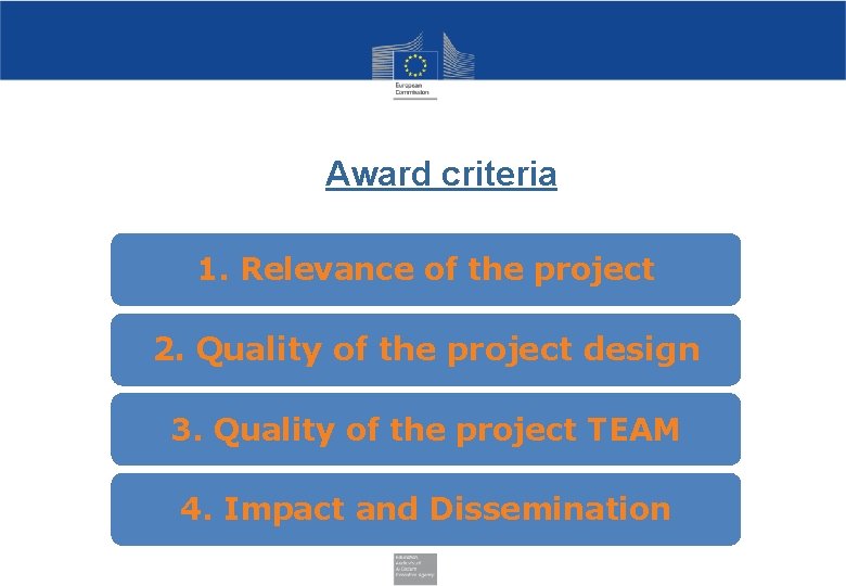 Award criteria 1. Relevance of the project 2. Quality of the project design 3.