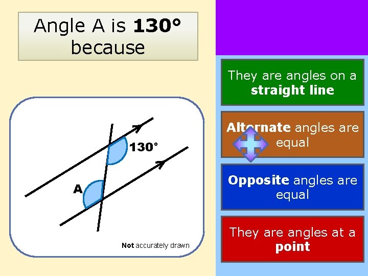 Angle A is 130° because They are angles on a straight line 130° Alternate