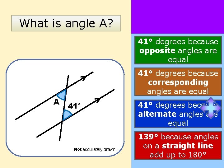 What is angle A? 41° degrees because opposite angles are equal 41° degrees because
