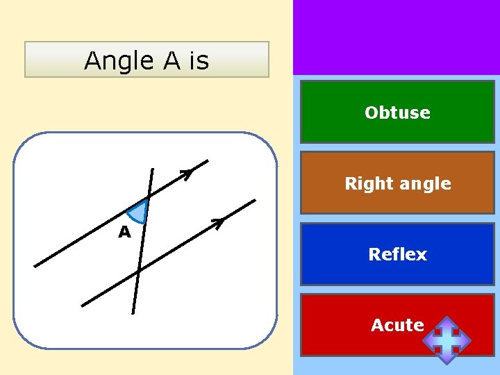 Angle A is Obtuse Right angle A Reflex Acute 