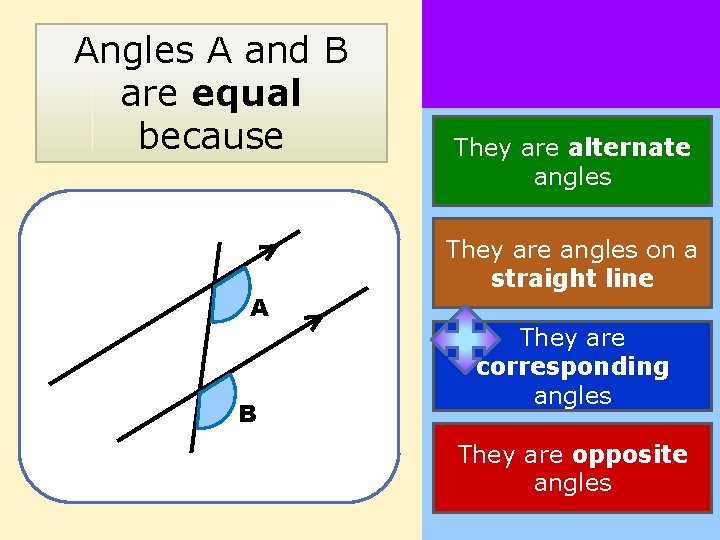 Angles A and B are equal because A B They are alternate angles They