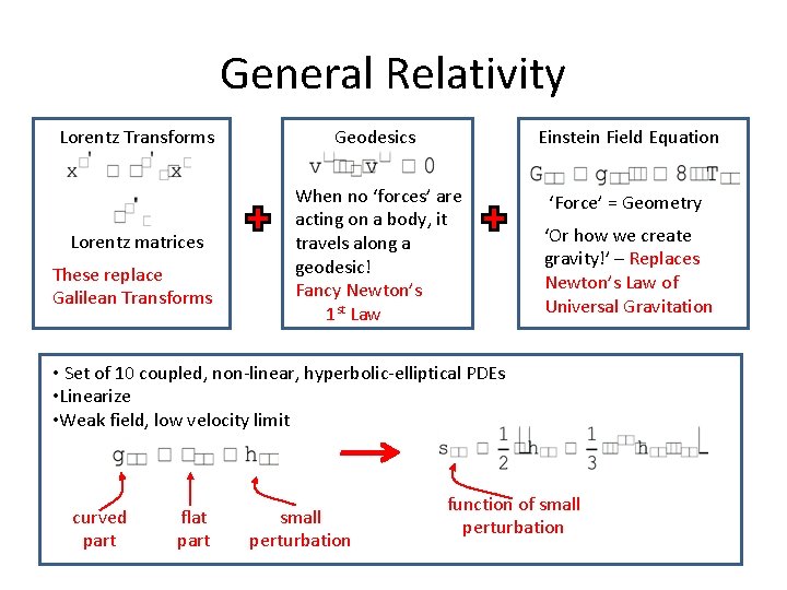 General Relativity Lorentz Transforms Lorentz matrices These replace Galilean Transforms Geodesics Einstein Field Equation