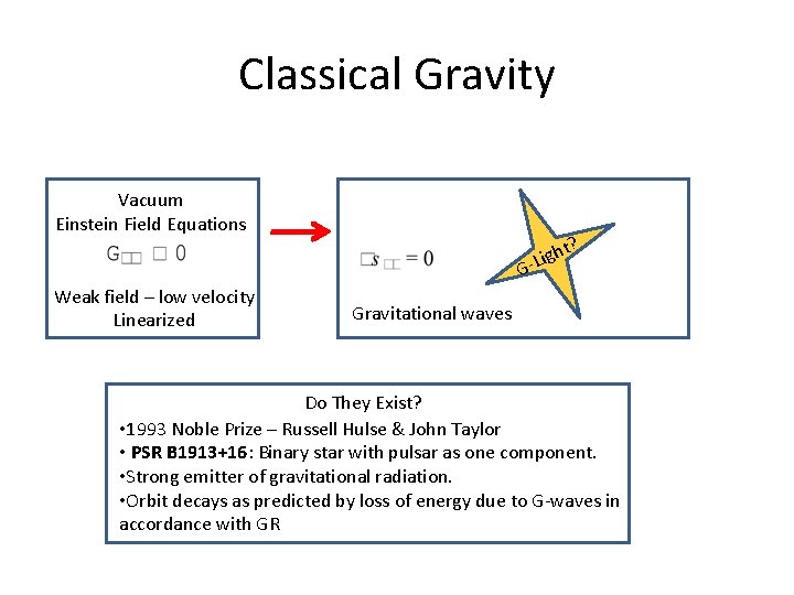 Classical Gravity Vacuum Einstein Field Equations t? igh L G Weak field – low