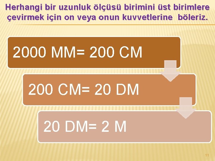 Herhangi bir uzunluk ölçüsü birimini üst birimlere çevirmek için on veya onun kuvvetlerine böleriz.