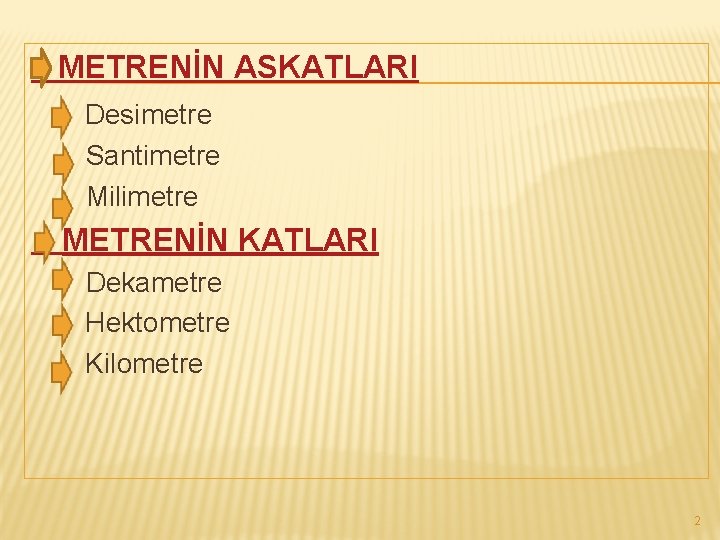 METRENİN ASKATLARI Desimetre Santimetre Milimetre METRENİN KATLARI Dekametre Hektometre Kilometre 2 