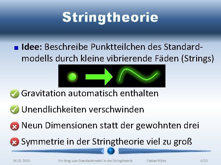 Stringtheorie Idee: Beschreibe Punktteilchen des Standardmodells durch kleine vibrierende Fäden (Strings) Gravitation automatisch enthalten