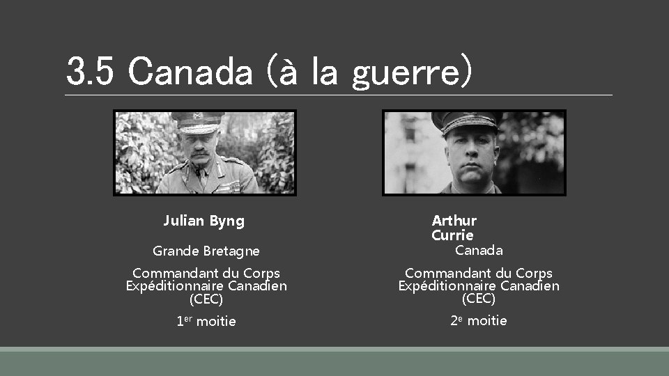 3. 5 Canada (à la guerre) Julian Byng Grande Bretagne Arthur Currie Canada Commandant