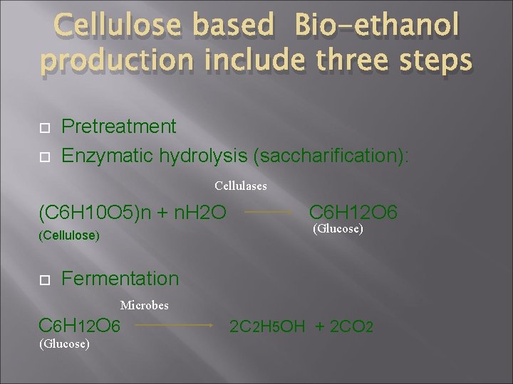 Cellulose based Bio-ethanol production include three steps Pretreatment Enzymatic hydrolysis (saccharification): Cellulases (C 6