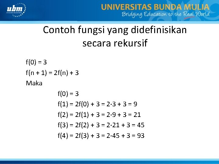 Contoh fungsi yang didefinisikan secara rekursif f(0) = 3 f(n + 1) = 2
