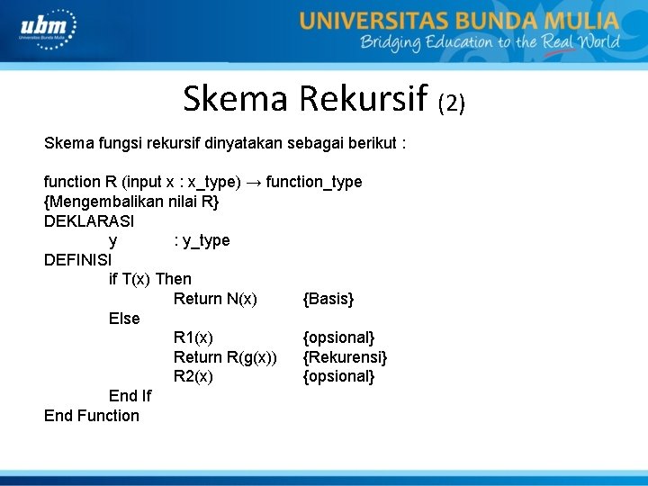 Skema Rekursif (2) Skema fungsi rekursif dinyatakan sebagai berikut : function R (input x