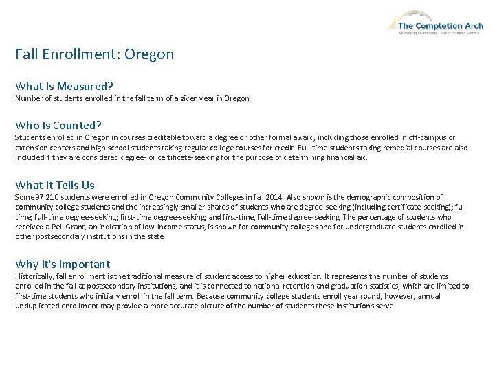 Fall Enrollment: Oregon What Is Measured? Number of students enrolled in the fall term