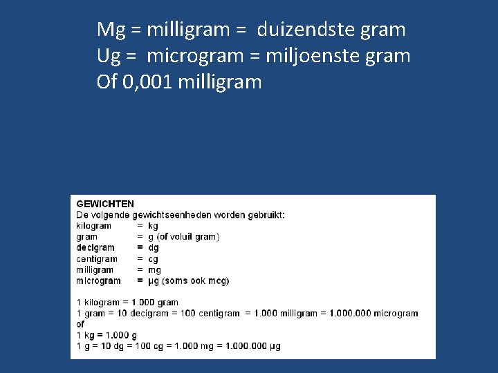 Mg = milligram = duizendste gram Ug = microgram = miljoenste gram Of 0,