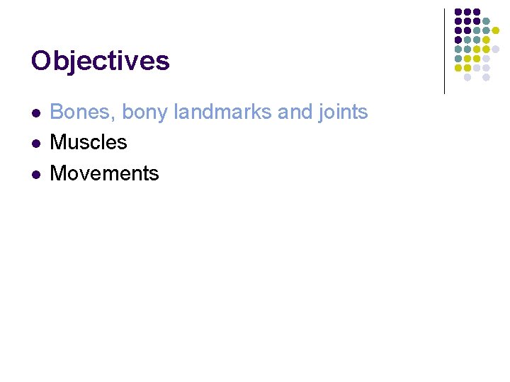 Objectives l l l Bones, bony landmarks and joints Muscles Movements 