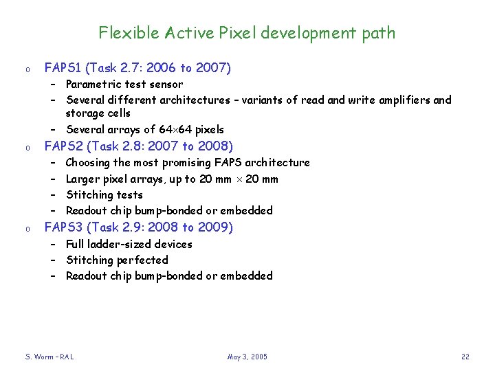 Flexible Active Pixel development path o FAPS 1 (Task 2. 7: 2006 to 2007)