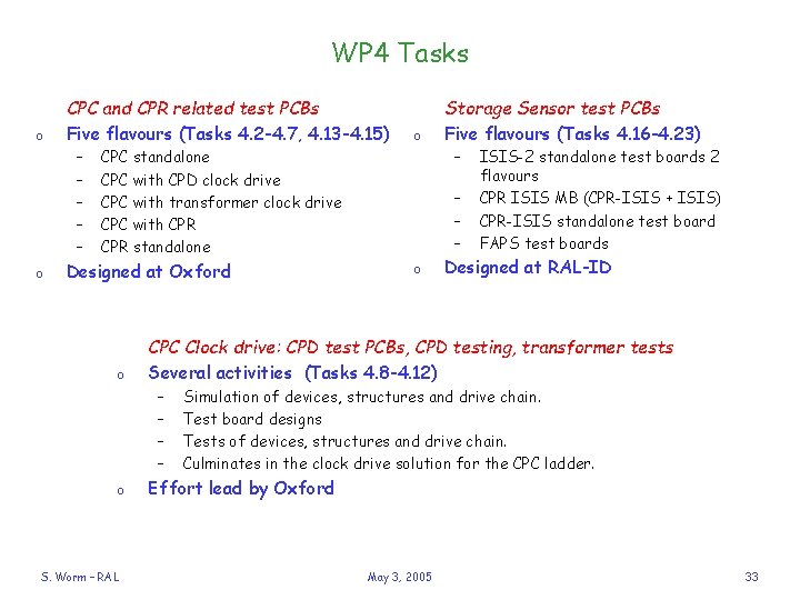 WP 4 Tasks o CPC and CPR related test PCBs Five flavours (Tasks 4.