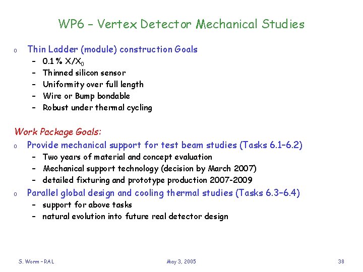 WP 6 – Vertex Detector Mechanical Studies o Thin Ladder (module) construction Goals –