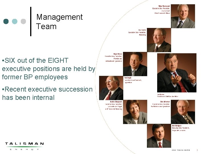 Management Team • SIX out of the EIGHT executive positions are held by former