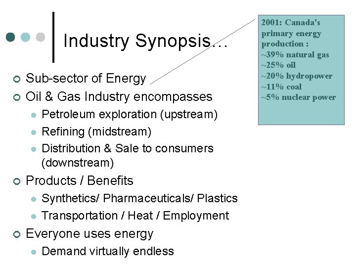 Industry Synopsis… ¢ ¢ Sub-sector of Energy Oil & Gas Industry encompasses l l