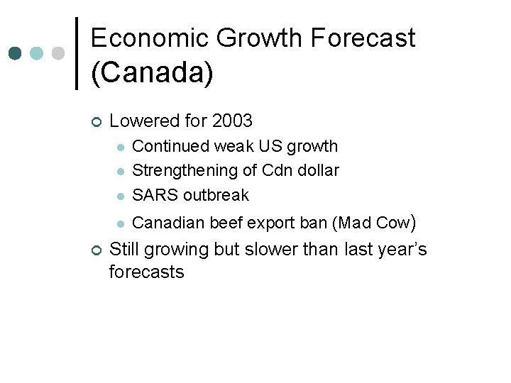 Economic Growth Forecast (Canada) ¢ Lowered for 2003 l Continued weak US growth Strengthening