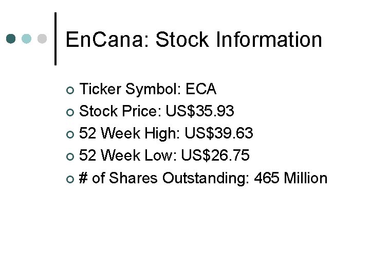 En. Cana: Stock Information Ticker Symbol: ECA ¢ Stock Price: US$35. 93 ¢ 52