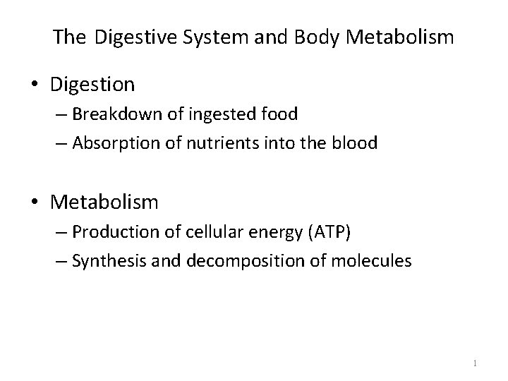 The Digestive System and Body Metabolism • Digestion – Breakdown of ingested food –