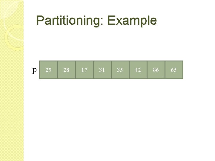 Partitioning: Example p 31 25 28 17 65 25 31 35 42 86 25