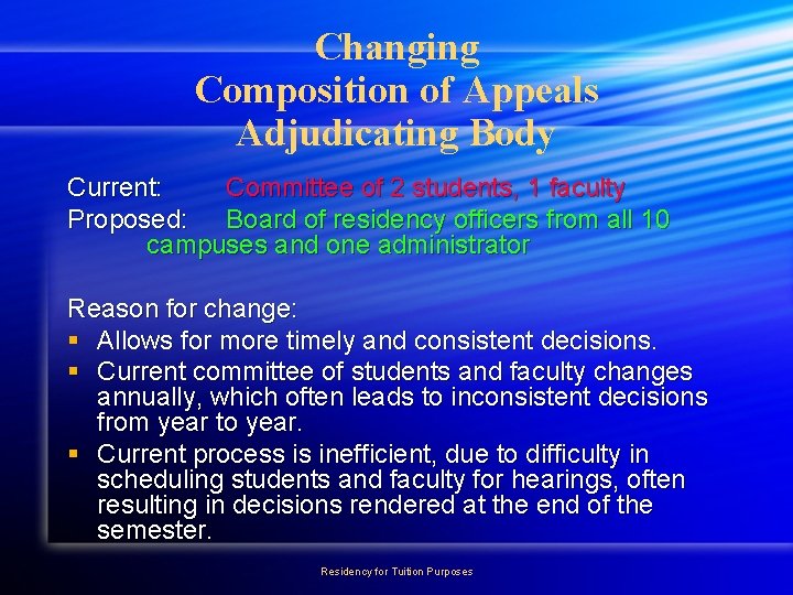 Changing Composition of Appeals Adjudicating Body Current: Committee of 2 students, 1 faculty Proposed: