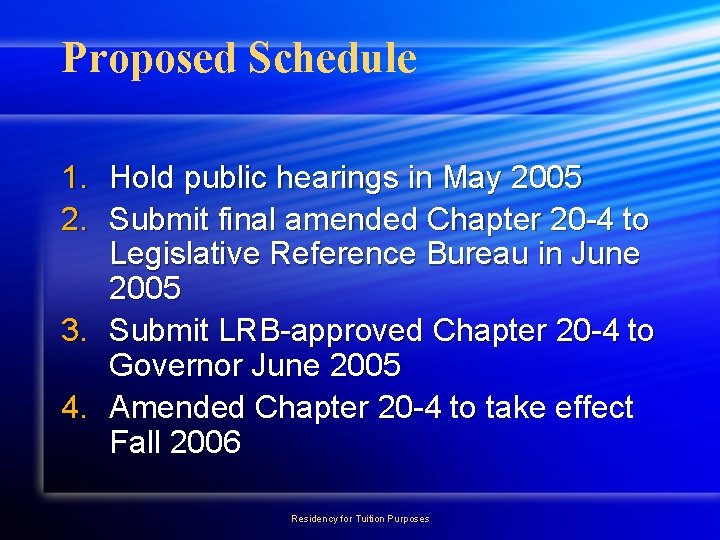 Proposed Schedule 1. Hold public hearings in May 2005 2. Submit final amended Chapter