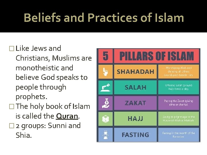 Beliefs and Practices of Islam � Like Jews and Christians, Muslims are monotheistic and