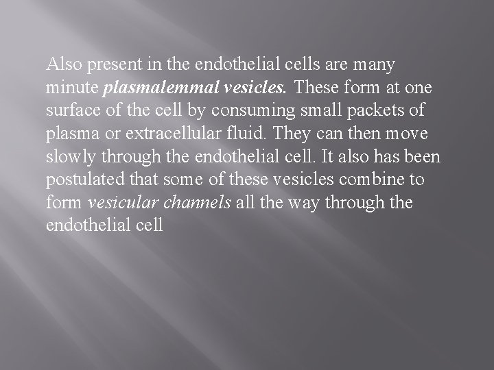 Also present in the endothelial cells are many minute plasmalemmal vesicles. These form at Also present in the endothelial cells are many minute plasmalemmal vesicles. These form at
