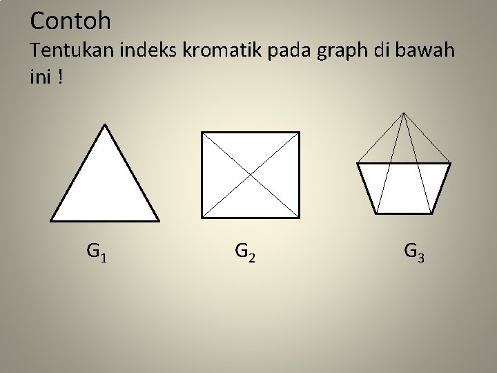 Contoh Tentukan indeks kromatik pada graph di bawah ini ! G 1 G 2