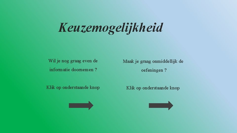 Keuzemogelijkheid Wil je nog graag even de Maak je graag onmiddellijk de informatie doornemen