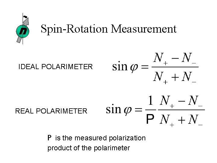 n Spin-Rotation Measurement IDEAL POLARIMETER REAL POLARIMETER P is the measured polarization product of