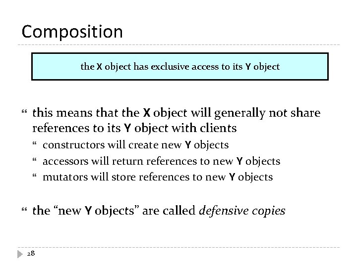 Composition the X object has exclusive access to its Y object this means that