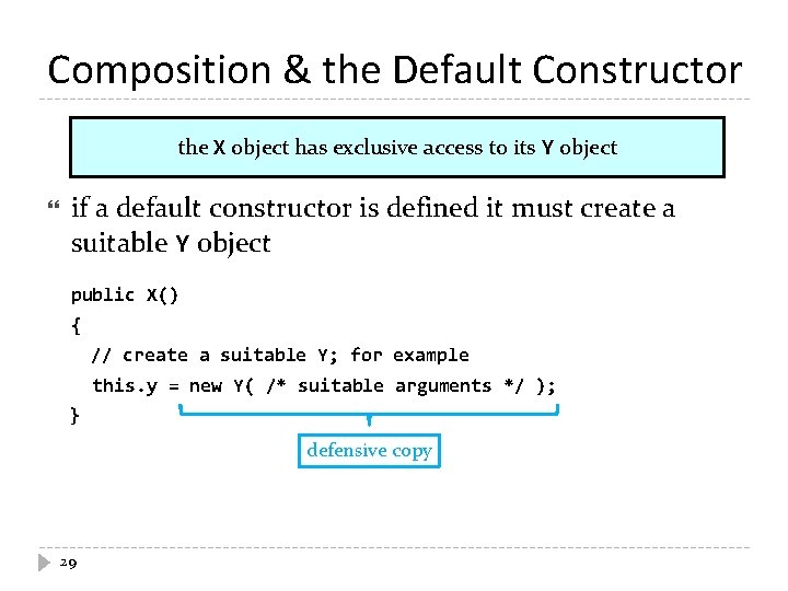 Composition & the Default Constructor the X object has exclusive access to its Y