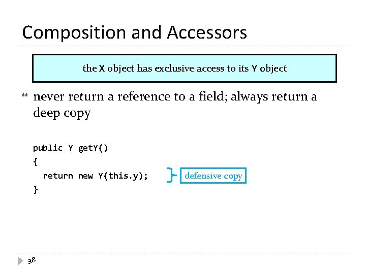 Composition and Accessors the X object has exclusive access to its Y object never