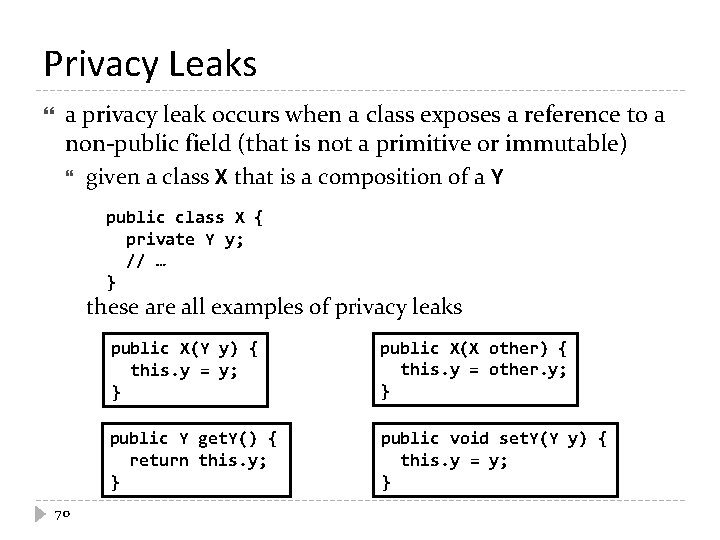 Privacy Leaks a privacy leak occurs when a class exposes a reference to a