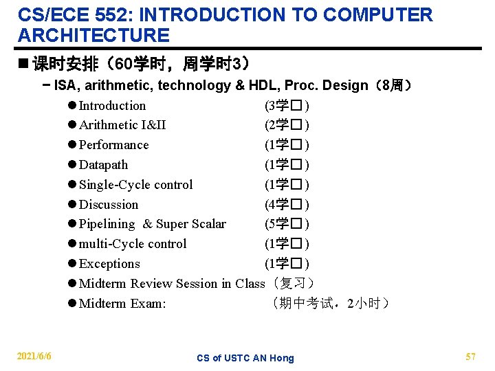 CS/ECE 552: INTRODUCTION TO COMPUTER ARCHITECTURE n 课时安排（60学时，周学时 3） − ISA, arithmetic, technology &