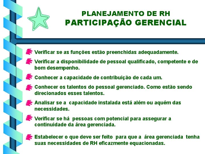 PLANEJAMENTO DE RH PARTICIPAÇÃO GERENCIAL Verificar se as funções estão preenchidas adequadamente. Verificar a