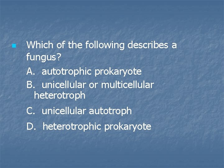 n Which of the following describes a fungus? A. autotrophic prokaryote B. unicellular or