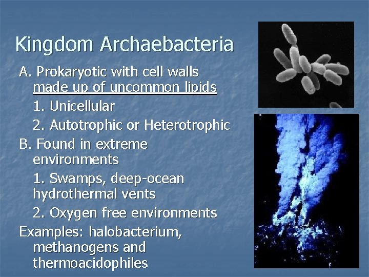 Kingdom Archaebacteria A. Prokaryotic with cell walls made up of uncommon lipids 1. Unicellular
