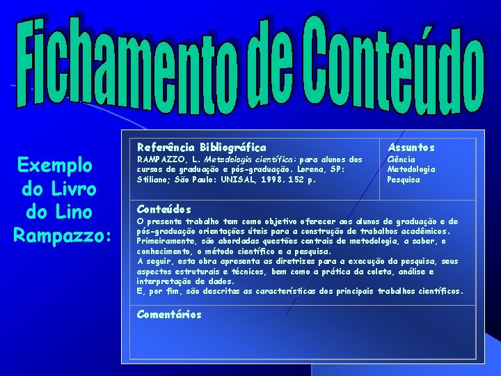 Exemplo do Livro do Lino Rampazzo: Referência Bibliográfica RAMPAZZO, L. Metodologia científica: para alunos
