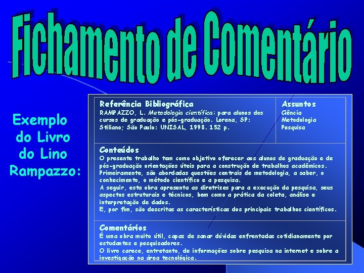 Exemplo do Livro do Lino Rampazzo: Referência Bibliográfica RAMPAZZO, L. Metodologia científica: para alunos
